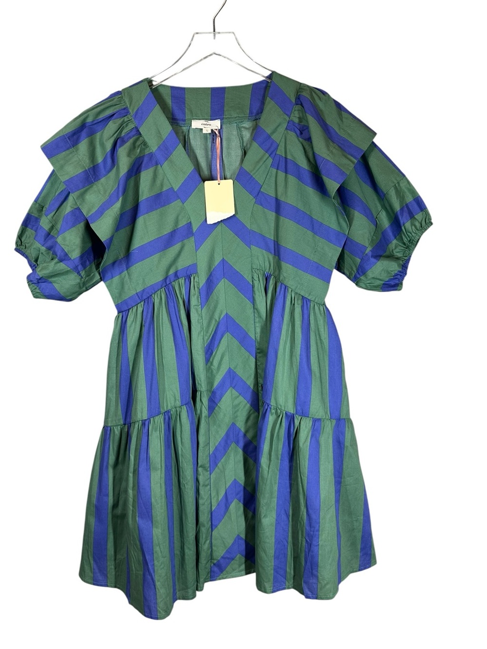 ENTRO Women's Large Green & Blue Striped Short Sleeve Fit and Flare Dress